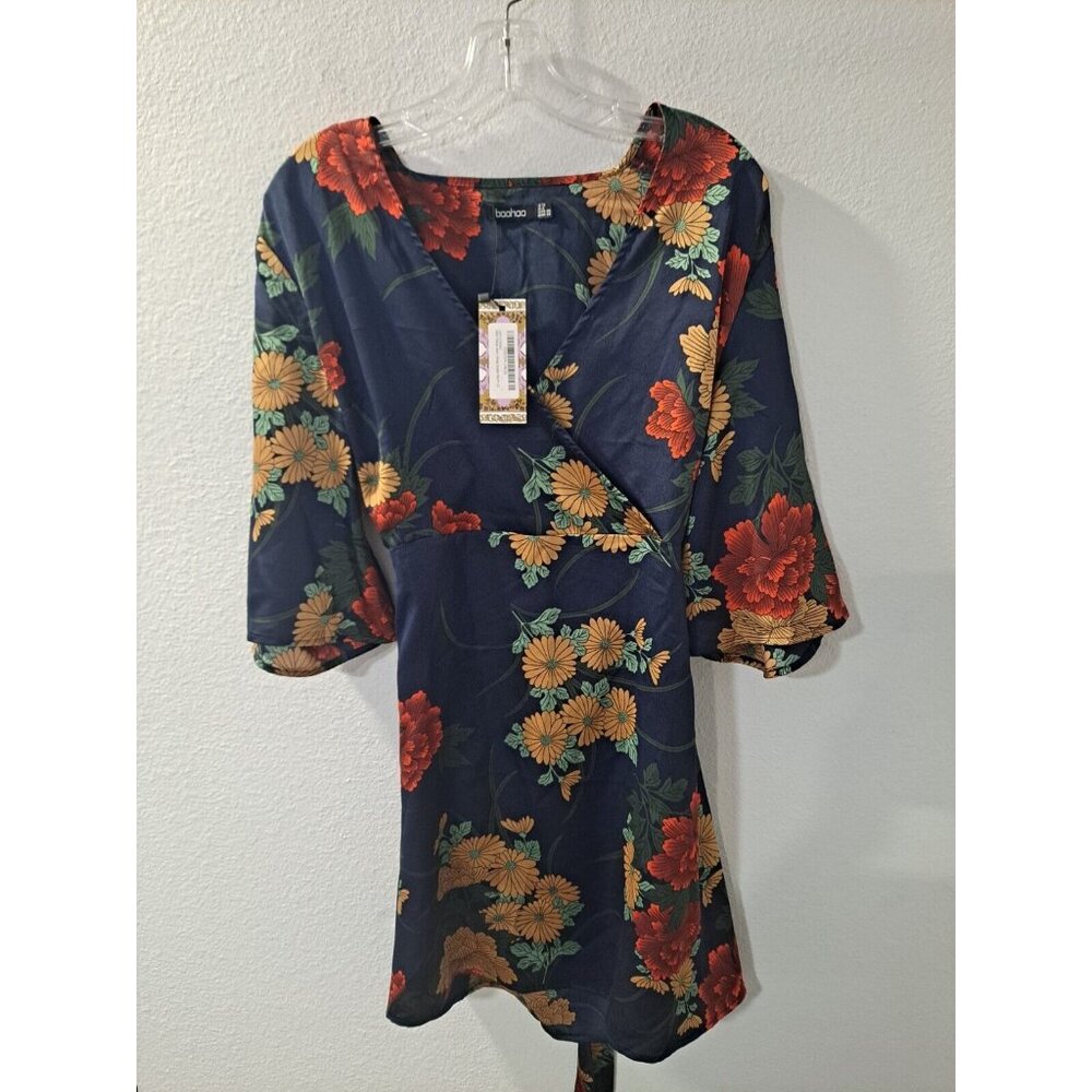 Boohoo Women Satin Floral Navy Wrap Midi Dress Classy Colorful Vibrant Sz 12 NWT